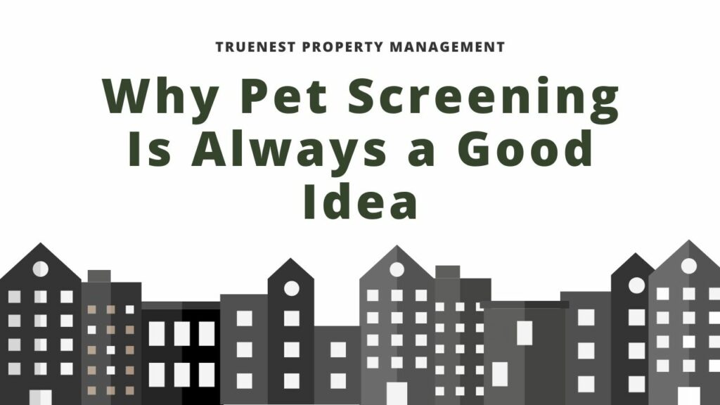 Title "Why Pet Screening Is Always a Good IDea" in gray letters over a white background, above an outline of cartoon gray houses