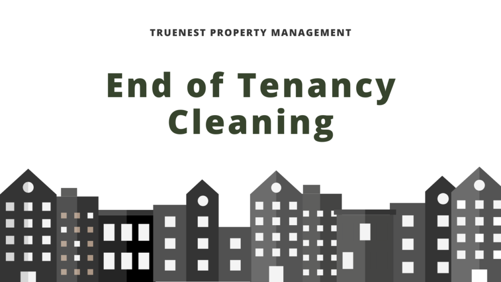 Title "End of Tenancy Cleaning" in gray letters over a white background, above a gray cartoon outline of buildings