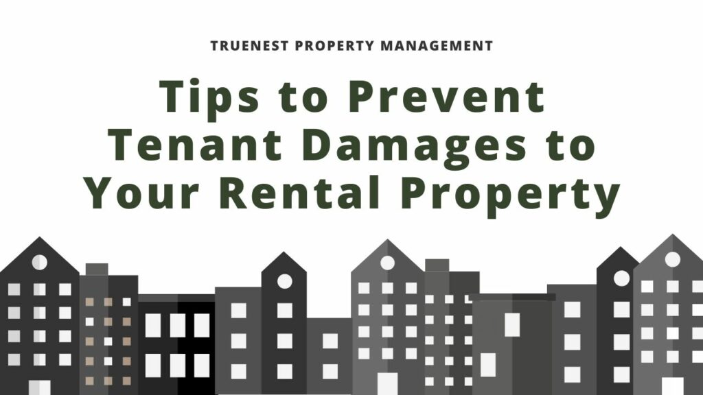 Title "Tips to Prevent Tenant Damages to Your Rental Property" in gray letters over a white background, above a gray cartoon outline of buildings