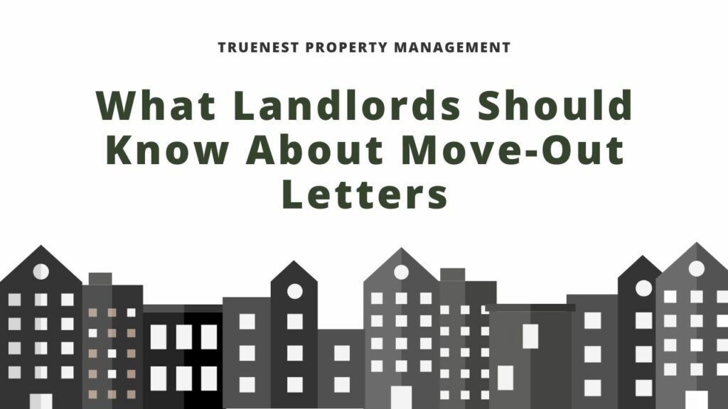 Title "What Landlords Should Know About Move-Out Letters" in gray letters over a white background, above a gray cartoon outline of buildings